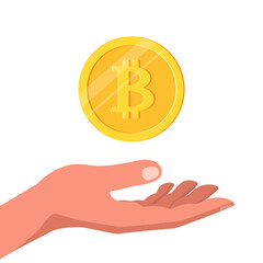 Man's hand and coin with bitcoin sign isolated on white background. Vector stock illustration. 