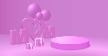 Happy Mother's Day decoration background with gift box, balloon, mom text, copy space text, 3D rendering illustration
