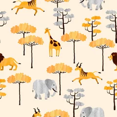 Vlies Fototapete Elefant Nahtloses Muster der afrikanischen Tiere. Vektor-Aquarell-Illustration der Savanne mit Antilopen, Giraffen, Löwen und Elefanten