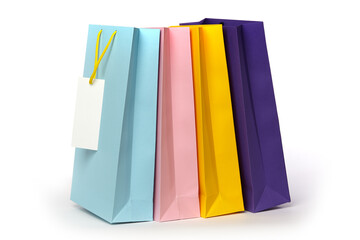 Four multicolored packaging bags with handles and white label isolated on white background.