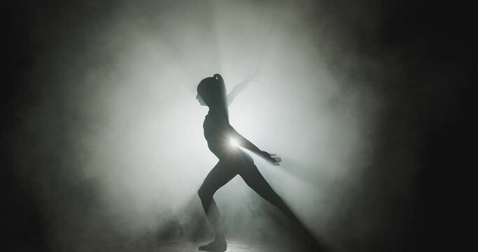 Modern ballet performance. Silhouette of graceful ballerina dancing in textured smoke in spotlight on stage