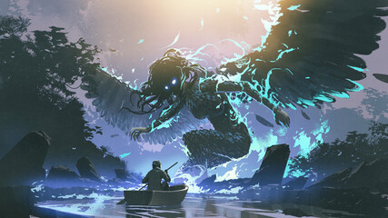 Fototapeta premium man on boat facing a legendary angel in the dark forest, digital art style, illustration painting
