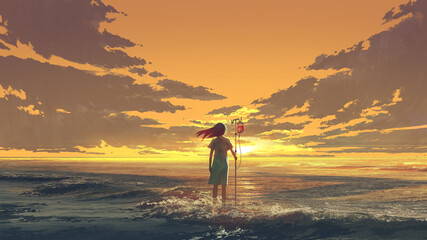 Fototapeta na wymiar woman standing on the sea with IV pole with blood bag and looking the sunset sky, digital art style, illustration painting