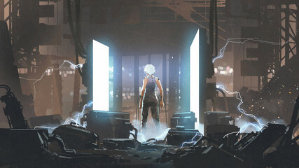 humanoid standing in an abandoned laboratory. digital art style, illustration painting © grandfailure