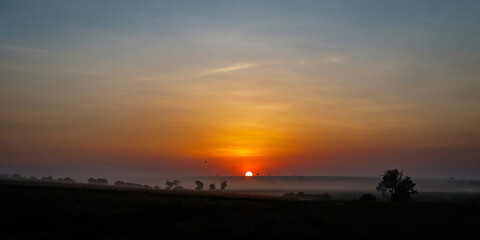Landscape at sunrise with mist over the plains, Masai Mara National Reserve, Kenya