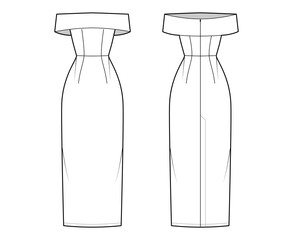 Dress off-the-shoulder Bardot technical fashion illustration with sleeveless, fitted body, floor maxi length pencil skirt. Flat evening apparel front, back, white color style. Women, men unisex CAD