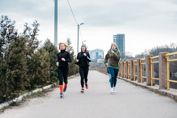 Young and middle aged sports people group running in the urban environment. Group of runners in the park in the fall autumn spring morning. Group of athletes running marathon along city river