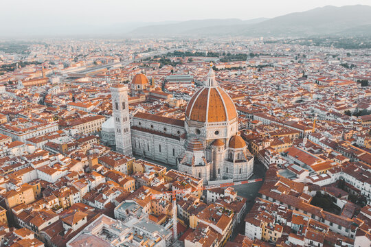 Aerial view of Florence's cathedral Santa Maria del Fiore during sunrise, Italy.