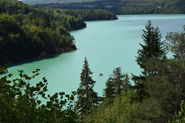 Fototapeta premium Lac de Vouglans, montagnes du Jura. Nature, panorama, forêt, sapins, conifères, paysage, eau, vert émeraude