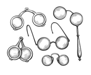 Ink sketch set of ancient spectacles. - obrazy, fototapety, plakaty