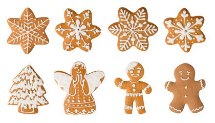 Christmas symbols. Smiling gingerbread men, angel, Christmas tree and snowflake cookies isolated on...