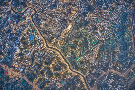 Aerial view of a huge refugee camp with makeshift houses near Myanmar border, Kutupalong Rohingya camp near Ukhia town, Bangladesh.