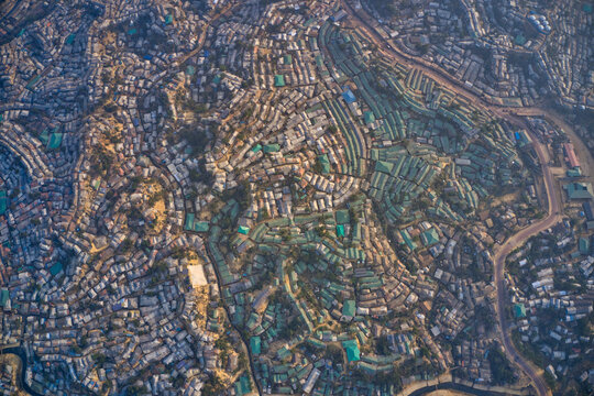 Aerial view of a huge refugee camp with makeshift houses near Myanmar border, Kutupalong Rohingya camp near Ukhia town, Bangladesh.