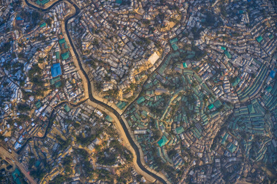 Aerial view of a huge refugee camp with makeshift houses near Myanmar border, Kutupalong Rohingya camp near Ukhia town, Bangladesh.