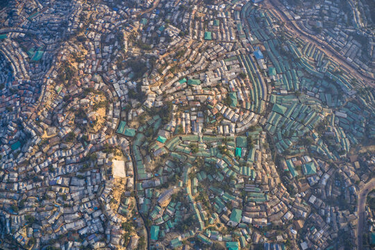 Aerial view of a huge refugee camp with makeshift houses near Myanmar border, Kutupalong Rohingya camp near Ukhia town, Bangladesh.
