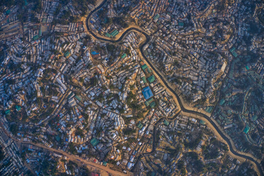 Aerial view of a huge refugee camp with makeshift houses near Myanmar border, Kutupalong Rohingya camp near Ukhia town, Bangladesh.