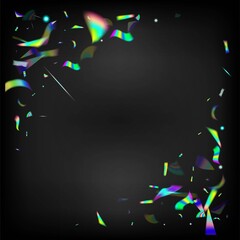 Falling Holograph Confetti. Blue, Purple, Green Celebration Background. Rainbow Tinsel. Holo Glam Effect Rainbow Bokeh.  Gradient Overlay Vivid Foil Tinsel. Silver Transparent Falling Particles.