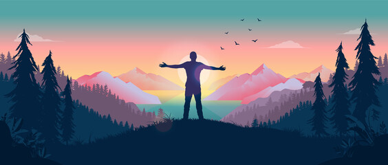 Having a personal adventure - Person standing in front of sun with arms out, watching the beauty of nature and feeling the warmth of the sun. Happiness and personal freedom concept. Vector