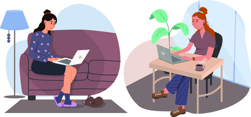 The girl use computer or laptop at comfortable workplace, in a cafe and at home. Office at home. To work remotely. Stock vector flat illustration. girl with laptop sitting on the couch.