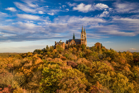 Aerial view of Holy Hill, a medieval style church on hilltop, Hartford, Wisconsin, United States.