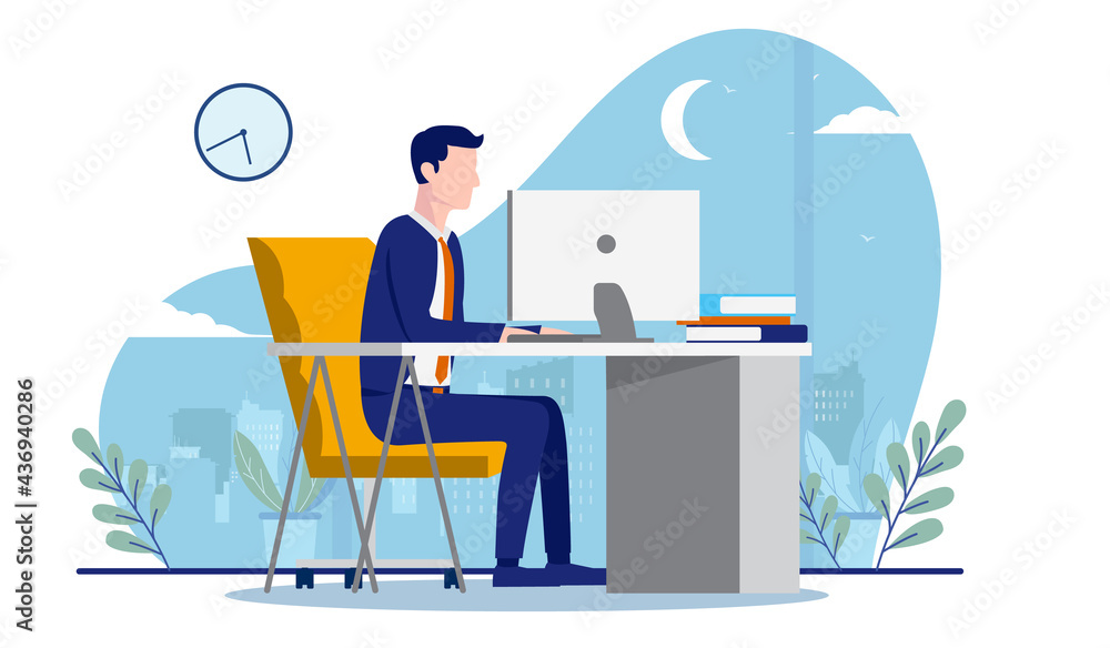 Poster Businessman working overtime - Man in office works late on computer at desk with moon and clock in background. Vector illustration.