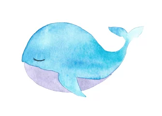 Papier Peint photo autocollant Baleine Watercolor Cute blue Whale. Hand drawn Illustration for Baby textiles or Print. Isolated object on white background. Big underwater mammal Animal. Underwater fauna of sea and ocean