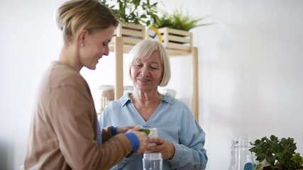 Senior woman with caregiver or healthcare worker indoors, preparing smoothie.