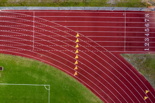 Aerial view of athletic track along the football field at Sebastian River High School in Vero beach, Florida, United States.