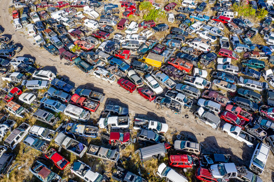 Aerial view of vehicles wreck in a junkyard in Mims, Florida, United States.