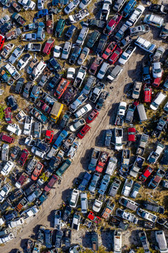 Aerial view of vehicles wreck in a junkyard in Mims, Florida, United States.