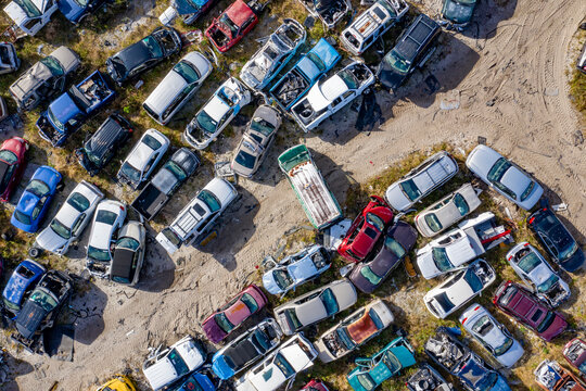 Aerial view of vehicles wreck in a junkyard in Mims, Florida, United States.