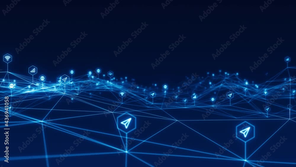 Poster motion graphic of blue futuristic technology icon and line linked network connection abstract backgr