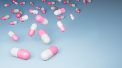 Pink pills floating in the air on a blue background.