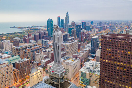 Chicago, United States - 20 June 2020: Aerial view of Chicago city center at sunset, view of tall building in city downtown, Chicago, Illinois, United States.