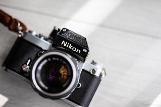 Ukraine - May, 2021: The Old film camera Nikon FM2 is a member of the classic Nikon compact F-series SLRs