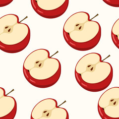 Seamless pattern with apple on white background. Natural delicious fresh ripe tasty fruit. Vector illustration for print, fabric, textile, banner. Stylized apples with leaves. Food concept
