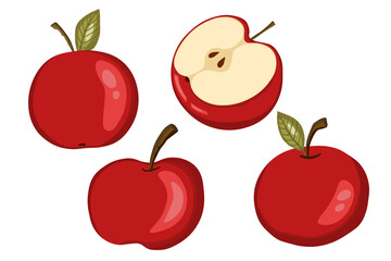 Apple icon set solated on white background. Natural delicious fresh ripe tasty fruit. Template vector illustration for packaging, banner, card. Stylized apples with leaves, apple slice. Food concept