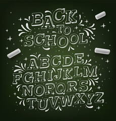 Chalk alphabet. Font pencil vintage alphabet drawing with chalk on chalkboard background. Vector illustration. - obrazy, fototapety, plakaty