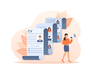 Obraz premium Resume people in flat style. People are lokking for new hires. Laptop screen. Vector illustration.