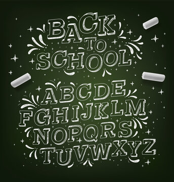 Chalk alphabet. Font pencil vintage alphabet drawing with chalk on chalkboard background. Vector illustration.