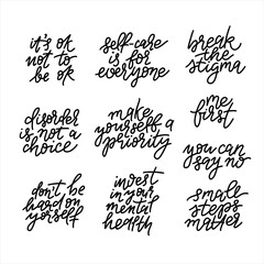 Mental health vector lettering quotes set.