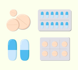 Vector illustration of pills drugs, pills, medical pills, bottle pills, medicine, illustration design concept of Healthcare and Medicine.