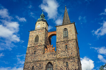 Two towers of the Church of St. Nicholas. Juterbog is a historic town in north-eastern Germany, in...