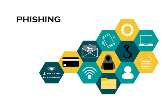 Phishing and information security concept. Hexagon collage of icons illustrating phishing actors, means and data at risk.