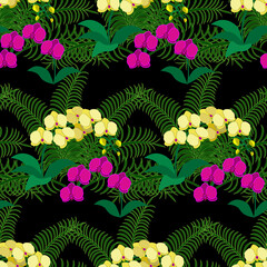 Pink and yellow orchids on black background, green palm leaves. Floral seamless pattern, vector.
