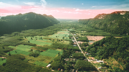 Landscape with mountain and paddy field in Satun, Thailand. Southeast Asia landscape