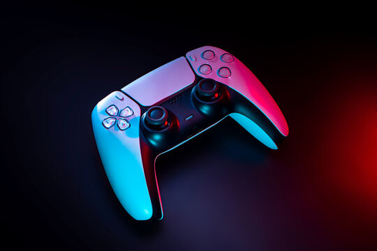 Modern white gamepad illuminated in red and blue. Game controller for video games and e-sports on a dark back