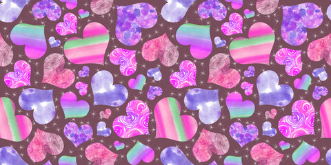 Seamless Pattern of colored rainbow Hearts painted in watercolor on a brown Background. Pink, green, violet, purple and orange multicolored gradient Heart. Background of Hearts for packaging, textiles