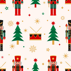 Christmas seamless background with nutcracker, Christmas tree and snowflakes.