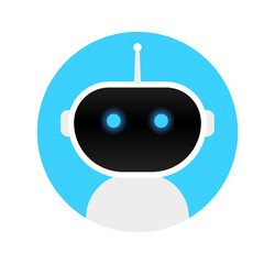 Flat robot vector icon. Robot face in the circle isolated on white background. Blue bright eyes. Technologies and artificial intelligence.